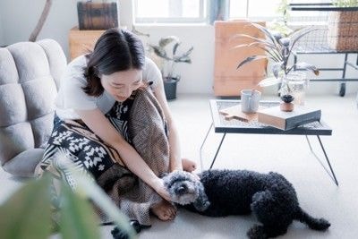 足元に近寄ってきた犬を撫でる女性