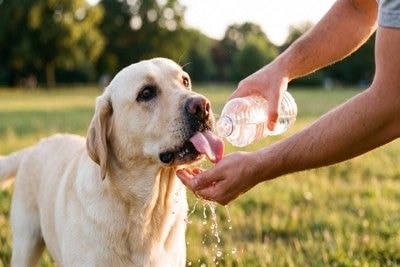 ペットボトルの水を飲む犬