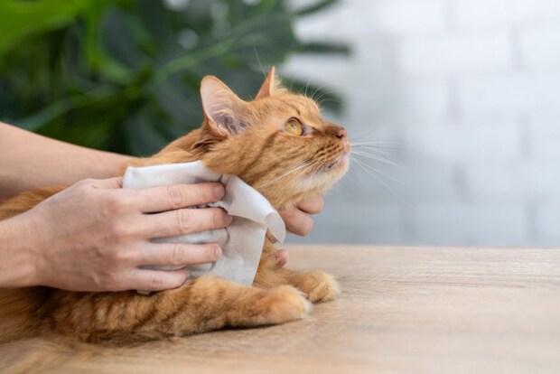 シャンプータオルで身体を拭かれる茶トラ猫