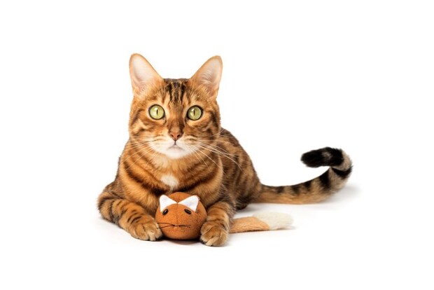 ねずみのおもちゃを抱える猫