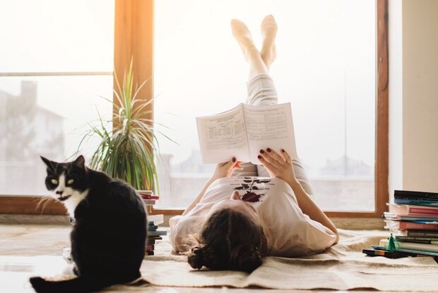 寝転んで勉強する女性と猫