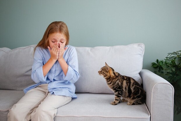 くしゃみをする女の子と猫