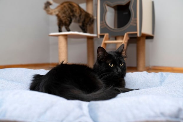 ベッドの猫とタワーの猫