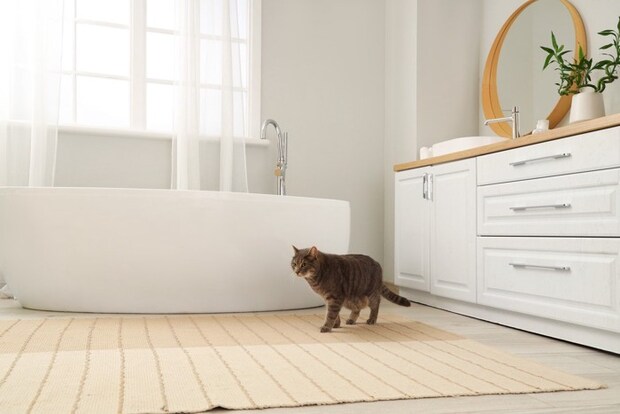 バスルームを歩く猫
