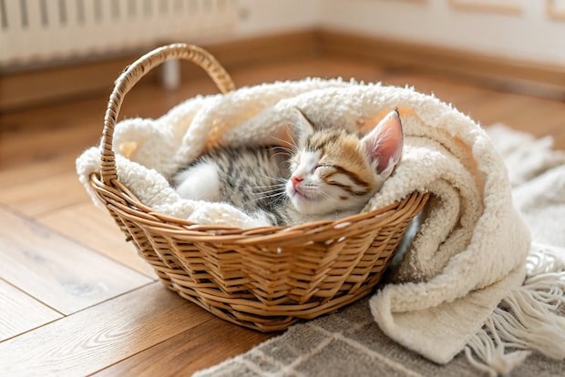 カゴの中で眠る子猫