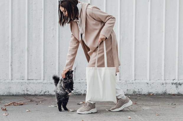 買い物バッグを持った女性と猫