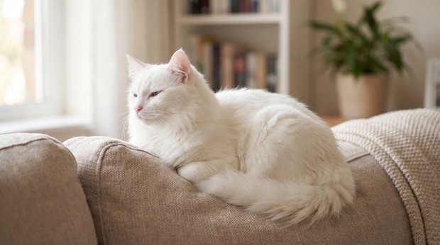 ソファの背もたれでくつろぐ猫