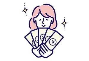 複数のお札をもちほほ笑む女性のイラスト