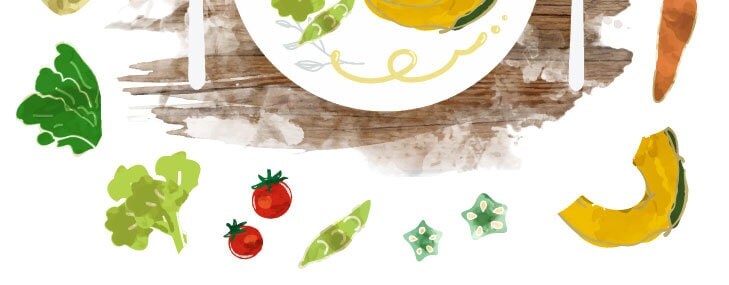 様々な野菜とテーブルのイラスト