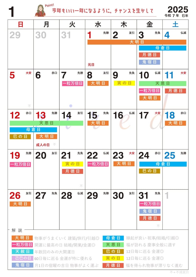 2025年【1月】の吉日カレンダー