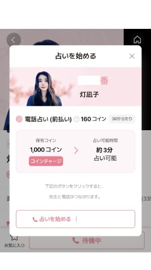 【サジュナル電話占い】ひなこ先生と占いを始める場合のスタートする直前画面