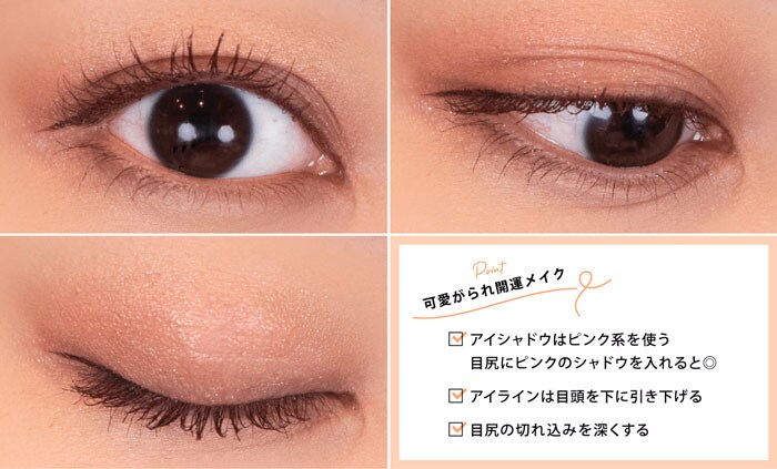 アイシャドウはピンク系を使う。目尻にピンクのシャドウを入れるとより良い。アイラインは目頭を下に引き下げる。目尻の切れ込みを深くする。