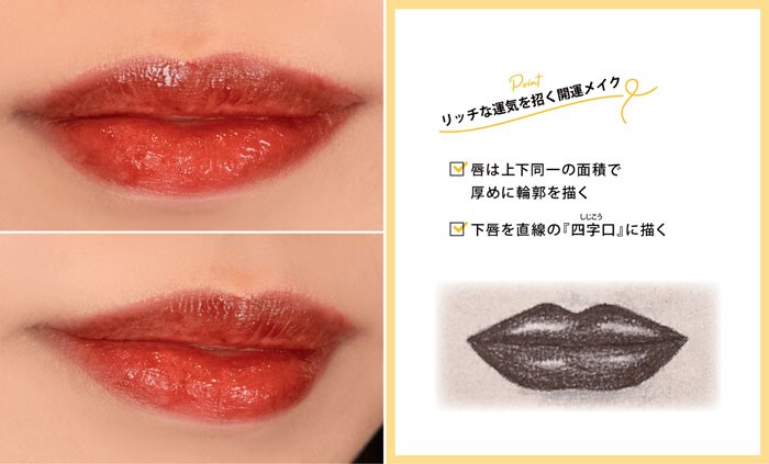 唇は上下同一の面積で厚めに輪郭を描く。下唇を直線の四字口（しじこう）に描く。