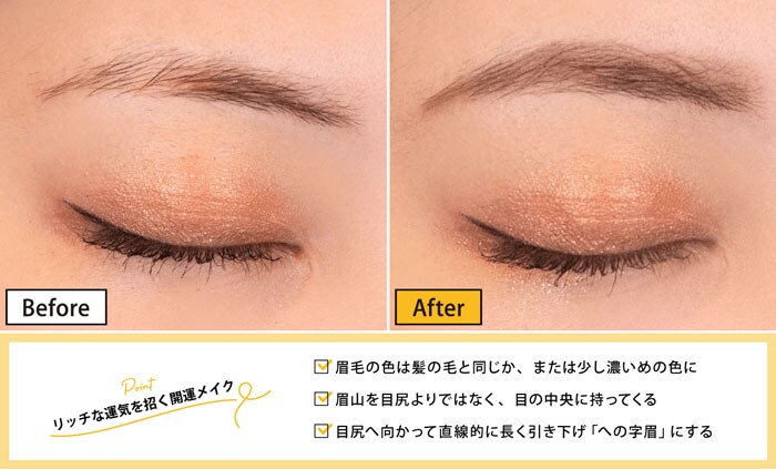 眉毛の色は髪の毛と同じか、または少し濃いめの色にする。眉山を目尻寄りではなく、目の中央に持ってくる。目尻へ向かって直接的に長く引き下げ「への字眉」にする。