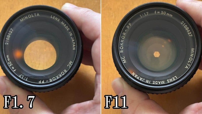 一眼レフカメラのレンズ（左がF1.7、右がF11）（筆者撮影）