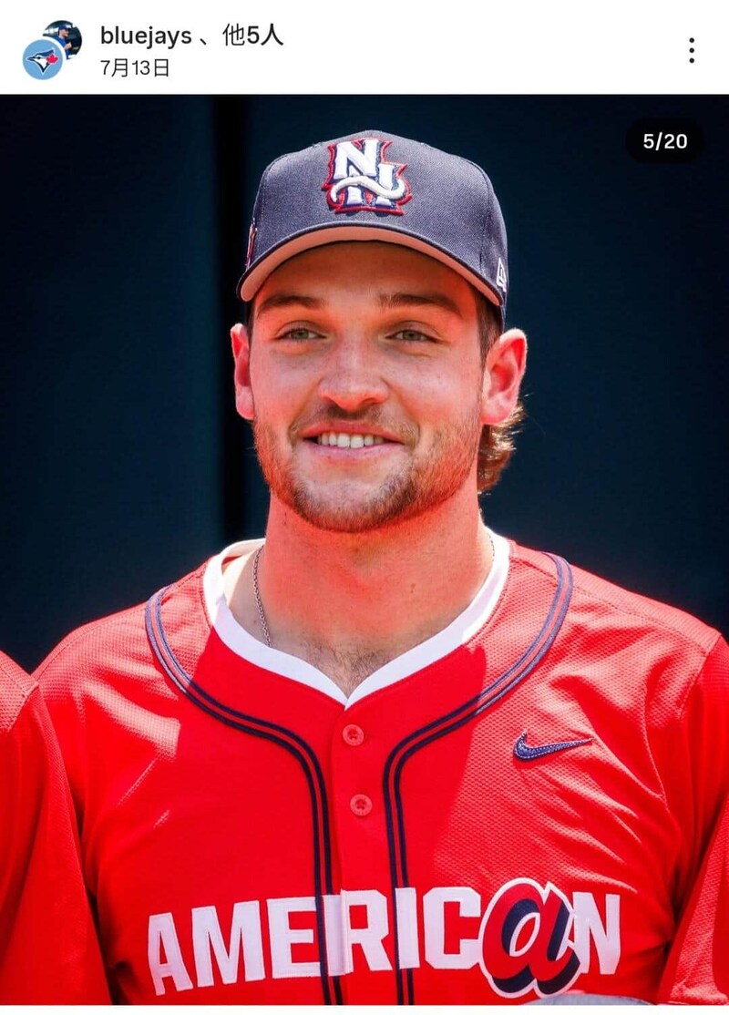 トレイ・イェサベージ選手。トロント・ブルージェイズ公式インスタグラム(@bluejays)より