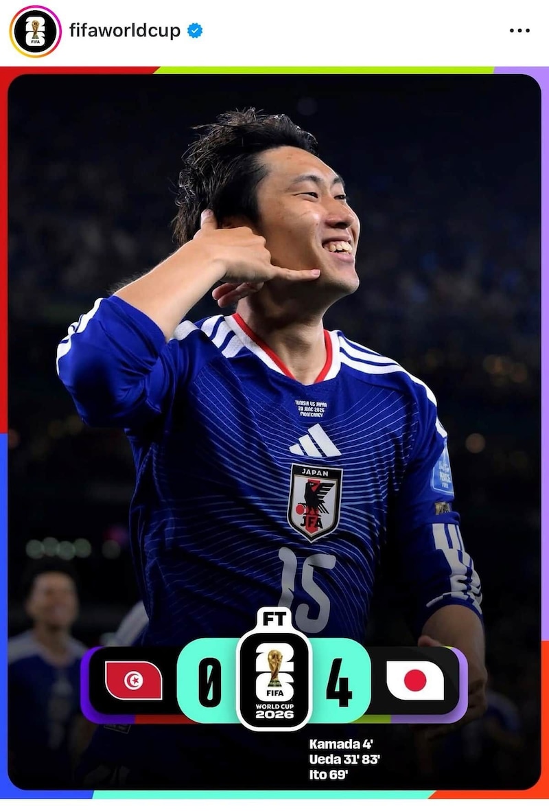 チュニジアに快勝した日本（FIFAインスタグラムより）