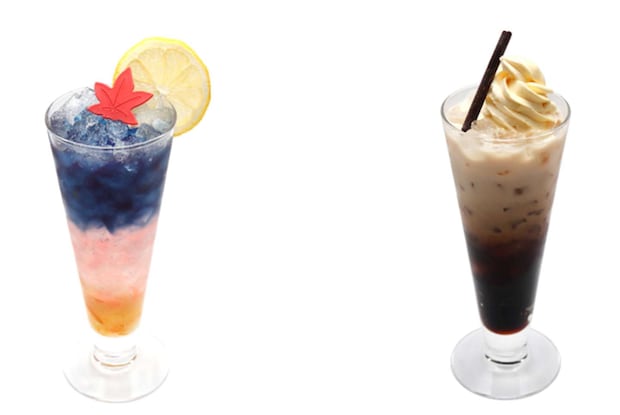 ＜月詠の満月バタフライピーソーダ＞　 ＜土方のマヨラーコーヒーフロート＞（C)空知英秋／劇場版銀魂製作委員会