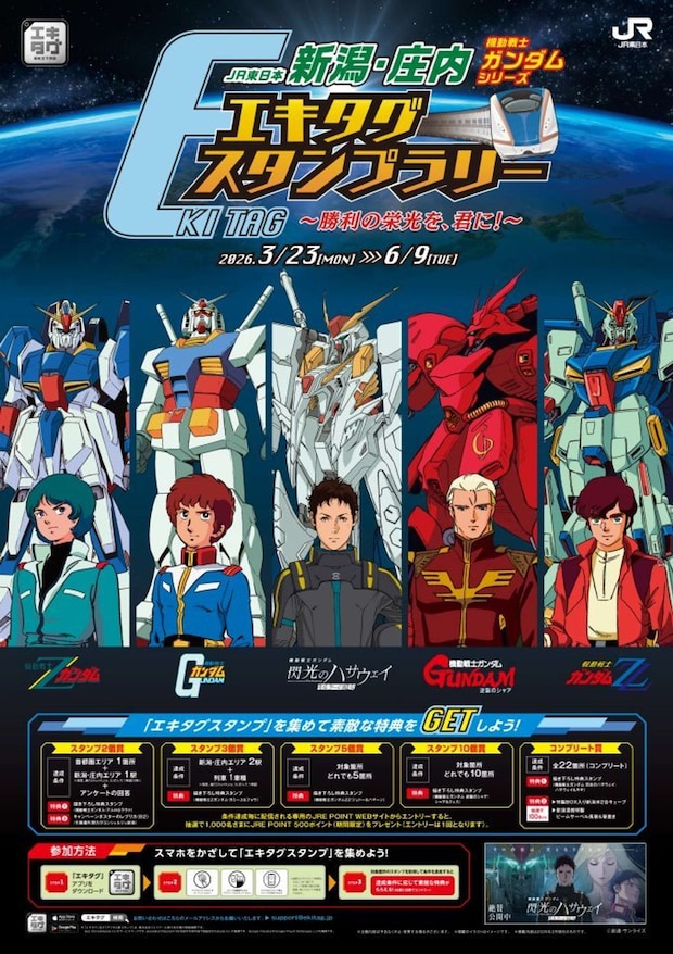 「JR東日本 新潟・庄内 機動戦士ガンダムシリーズ エキタグスタンプラリー ~勝利の栄光を、君に!~」(C)創通・サンライズ