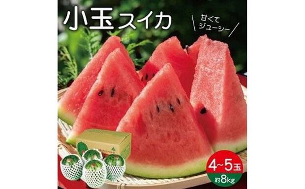 山形県 遊佐町「小玉スイカ 約8kg 4～5玉入」12000円（ふるさとチョイスより）