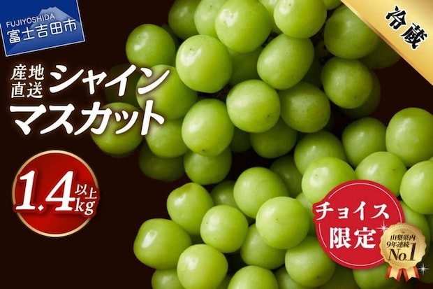 山梨県 富士吉田市「高級 山梨県産 シャインマスカット 2～3房 （1.4kg以上）」13000円（ふるさとチョイスより）