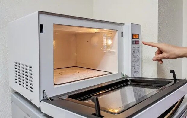 ドアの開いた電子レンジ