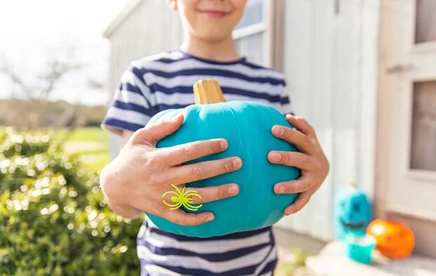 青いカボチャを持つ子供の写真