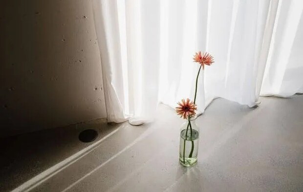 カーテンと花瓶の花の写真（撮影：平島利恵）