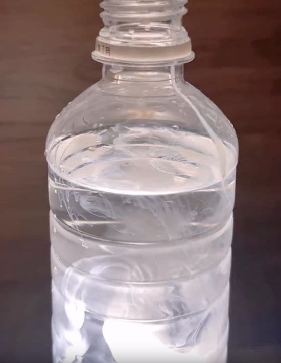 ペットボトルに入れた牛乳が水の中で広がる様子