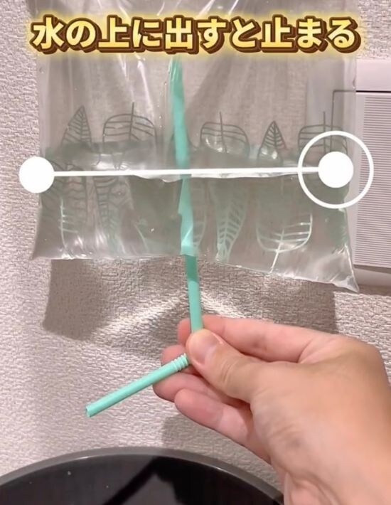 水を入れたフリーザーバッグに刺したストローのとがった部分を水面から出した様子