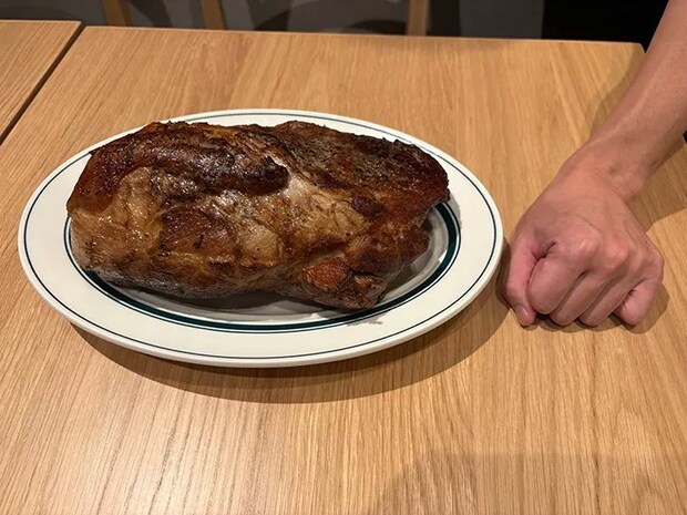 巨大なステーキと手の写真（撮影：grape編集部）
