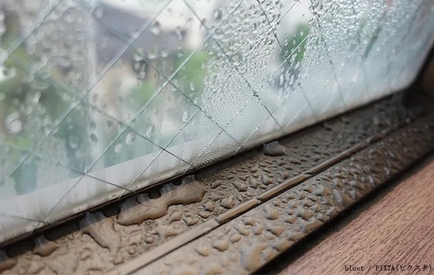 窓とサッシが結露している写真