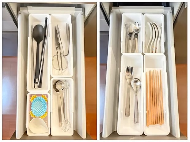 『伸縮キッチン整理トレー（通常サイズ・コンパクト）』でスプーンやキッチン雑貨を収納する写真撮影：Classy Life）