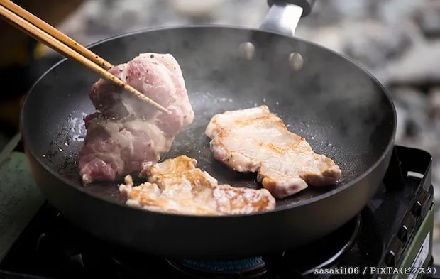 フライパンで肉を焼いている写真