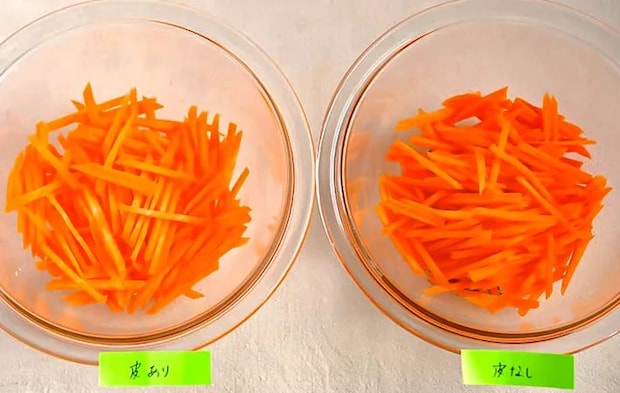 皮つきと皮を剥いたニンジンの比較写真（撮影：小泉明代）