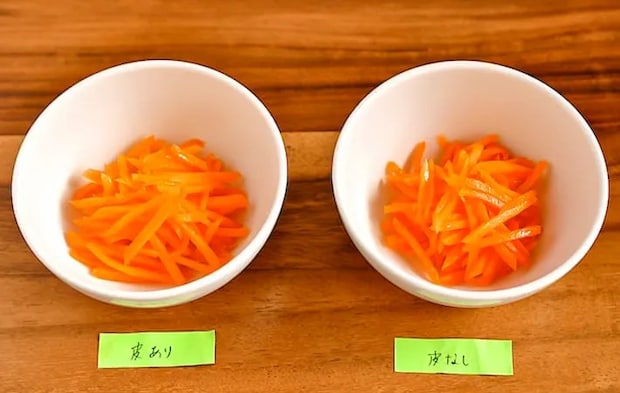 皮つきと皮を剥いたニンジンサラダの比較写真（撮影：小泉明代）