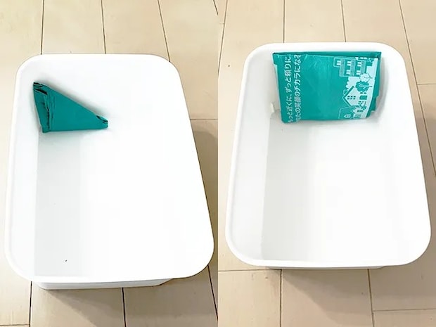 レジ袋を箱に入れた時の比較場面（撮影：grapeライフハック編集部）