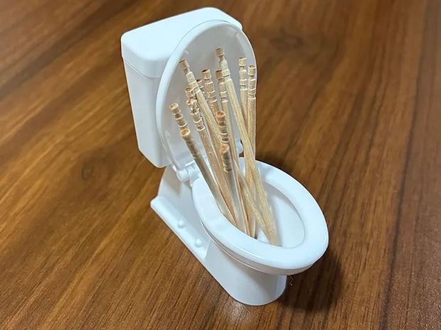 つまようじを立てかけた洋式トイレ型ミニチュアの写真（撮影：grapeライフハック編集部）