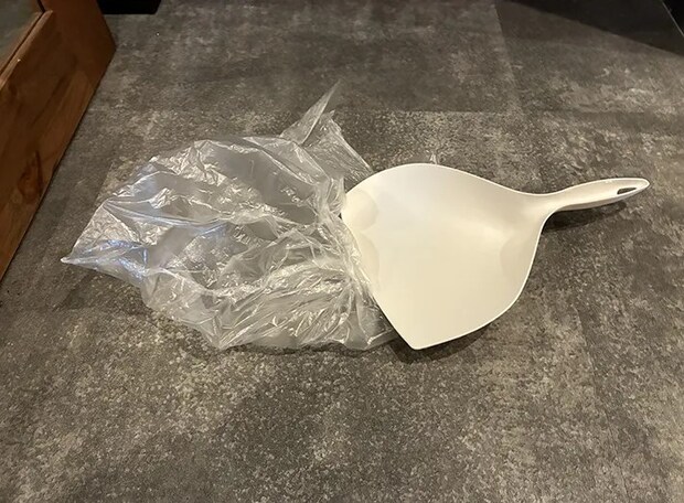 玄関に置かれたちりとりとビニール袋（撮影：grapeライフハック編集部）