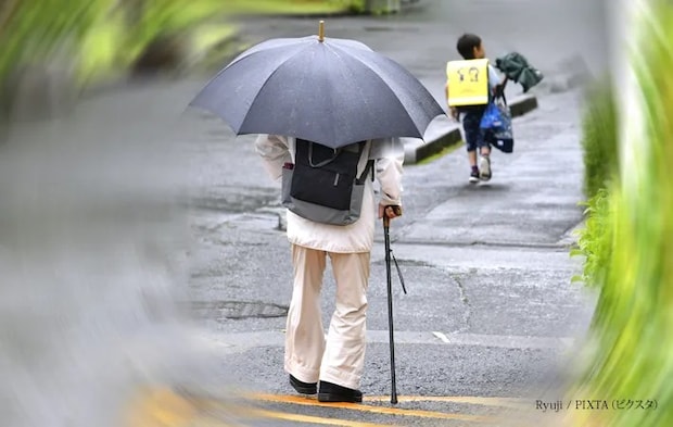 『雨の中を歩く杖の高齢男性』の写真