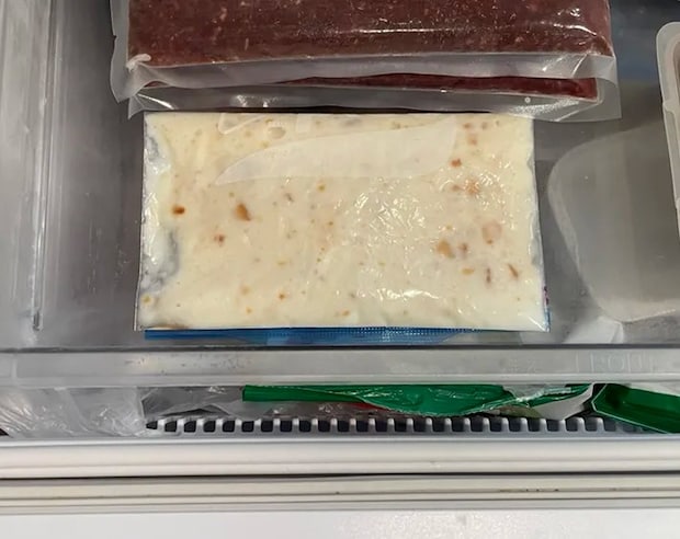 冷凍庫にアイスの材料を入れたジッパー袋を入れる写真（撮影：grapeフード編集部）