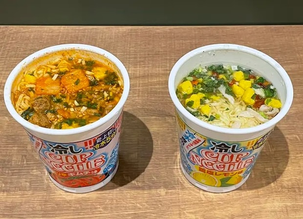 完成した『冷しカップヌードル ピリ辛キムチ味』『冷しカップヌードル 鶏塩レモン味』の写真（撮影：grapeフード編集部）