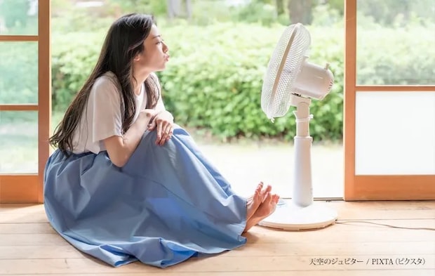『古民家の縁側で扇風機の前でくつろぐ若い女性』の写真
