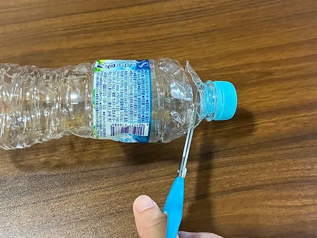 ペットボトルの先端をハサミでカットする場面（撮影：grapeライフハック編集部）