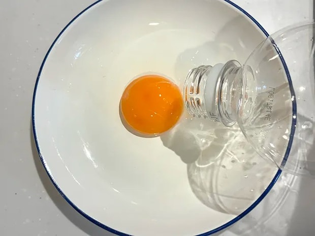 ペットボトルから皿の上に出した卵黄（撮影：grapeライフハック編集部）