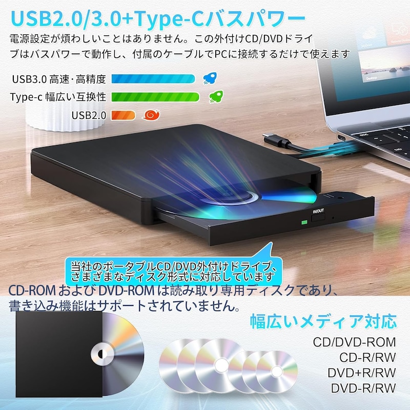 USB2.0/3.0+Type-C接続 外付けDVDドライブ