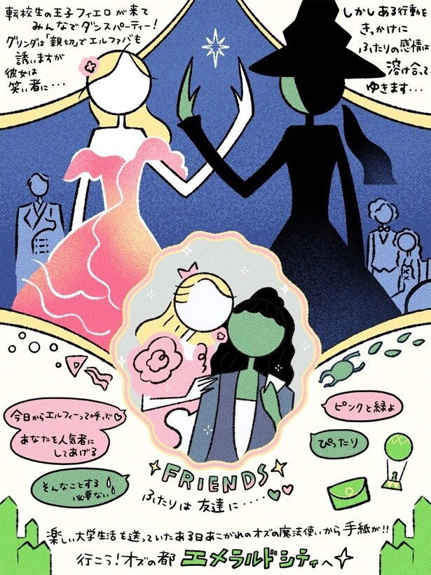 正反対ながら、たしかな友情と絆を築いていくエルファバとグリンダ/イラストレーター・千助による『ウィキッド ふたりの魔女』振り返り(3/7)