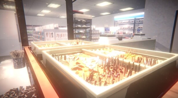 おでんや飲食物などを多数取りそろえる、普通のコンビニのように見えるが…(「夜勤事件」)