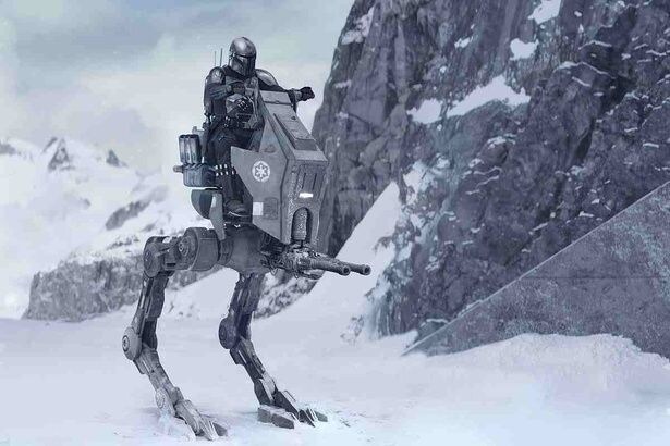 雪山でAT-RTに乗ったマンダロリアン(『スター・ウォーズ／マンダロリアン・アンド・グローグー』)