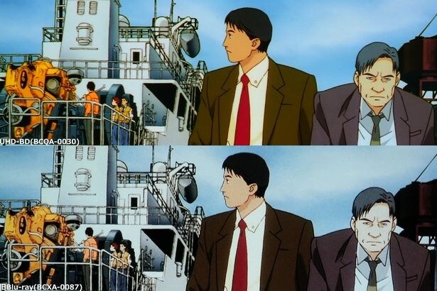 細やかな描き込みがよくわかることで、フィルムノワール調の作風が引き立てられている(『ＷＸIII 機動警察パトレイバー』)